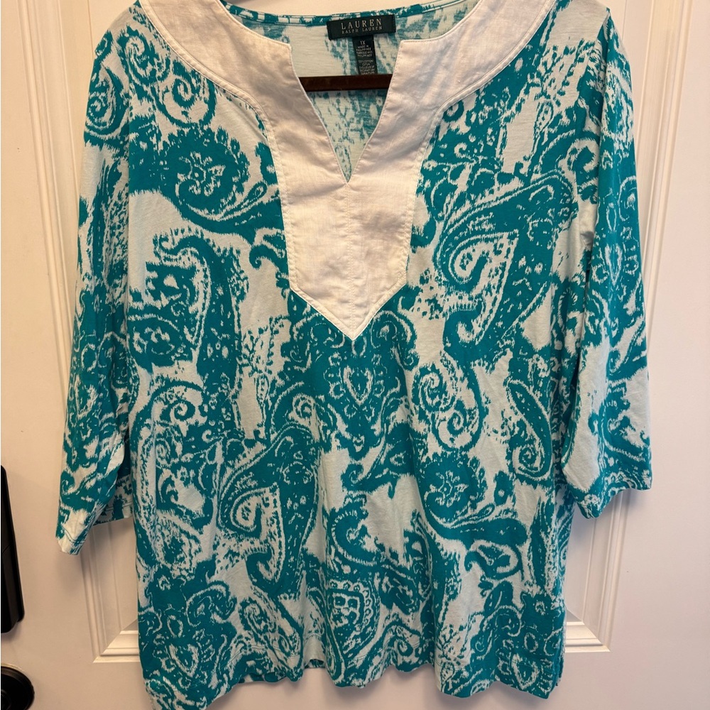 Lauren Ralph Lauren Teal and White Women's Plus Size Blouse - Size 1x